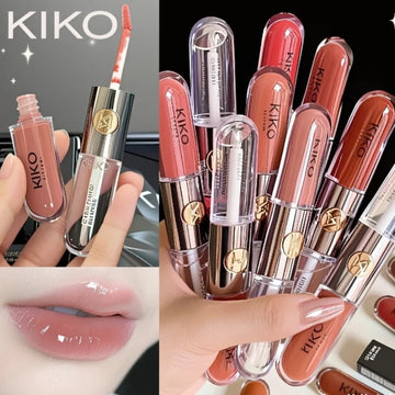 Kiko batom de duas cabeças, espelho transparente, brilho labial, óleo que não desbota, brilho labial rico, leite, chá, pasta de feijão, maquiagem nua, imperdível