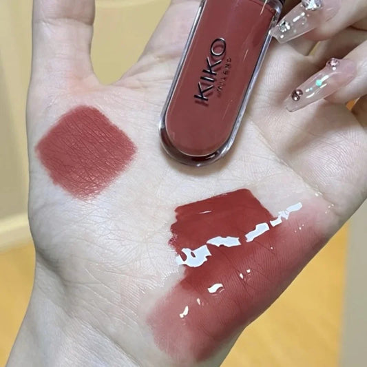 Kiko batom de duas cabeças, espelho transparente, brilho labial, óleo que não desbota, brilho labial rico, leite, chá, pasta de feijão, maquiagem nua, imperdível