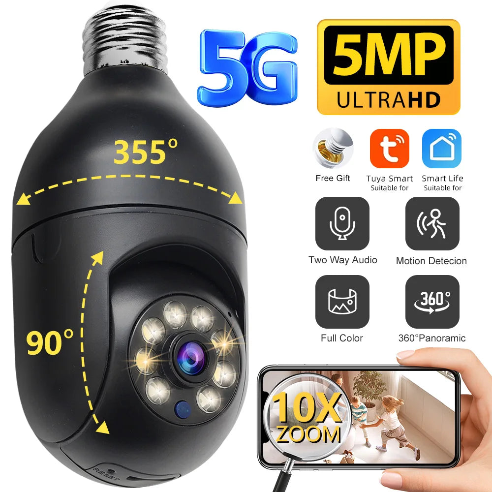 Câmera de Vigilância, Tuya, 5MP, 5G, Lâmpada E27, Rastreamento Humano Automático, Visão Nocturna, Full Color, Monitor de Segurança Sem Fio