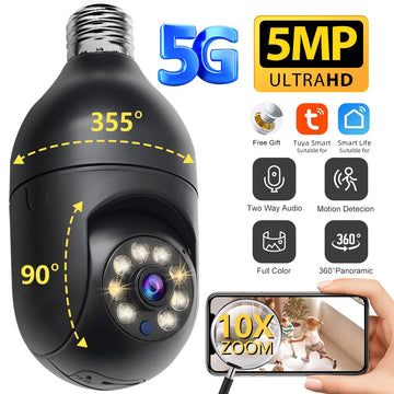 Câmera de Vigilância, Tuya, 5MP, 5G, Lâmpada E27, Rastreamento Humano Automático, Visão Nocturna, Full Color, Monitor de Segurança Sem Fio