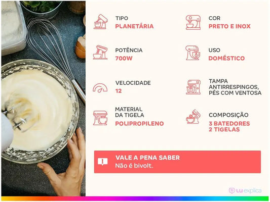 Black and Inox Mondial Planetary Mixer 700W - 220V